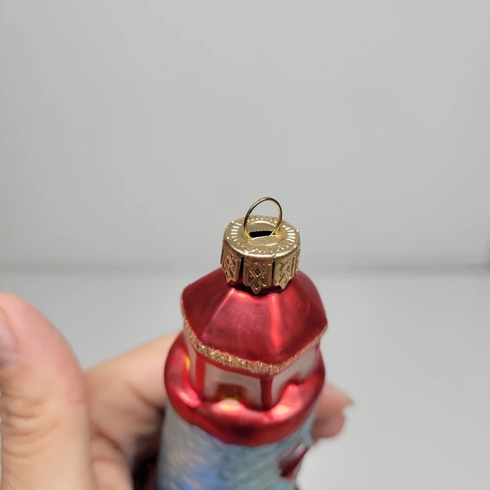 VTG Blown Glass lighthouse‎ Ornament Red Blue Glitter Ocean Coastal Holiday Gift